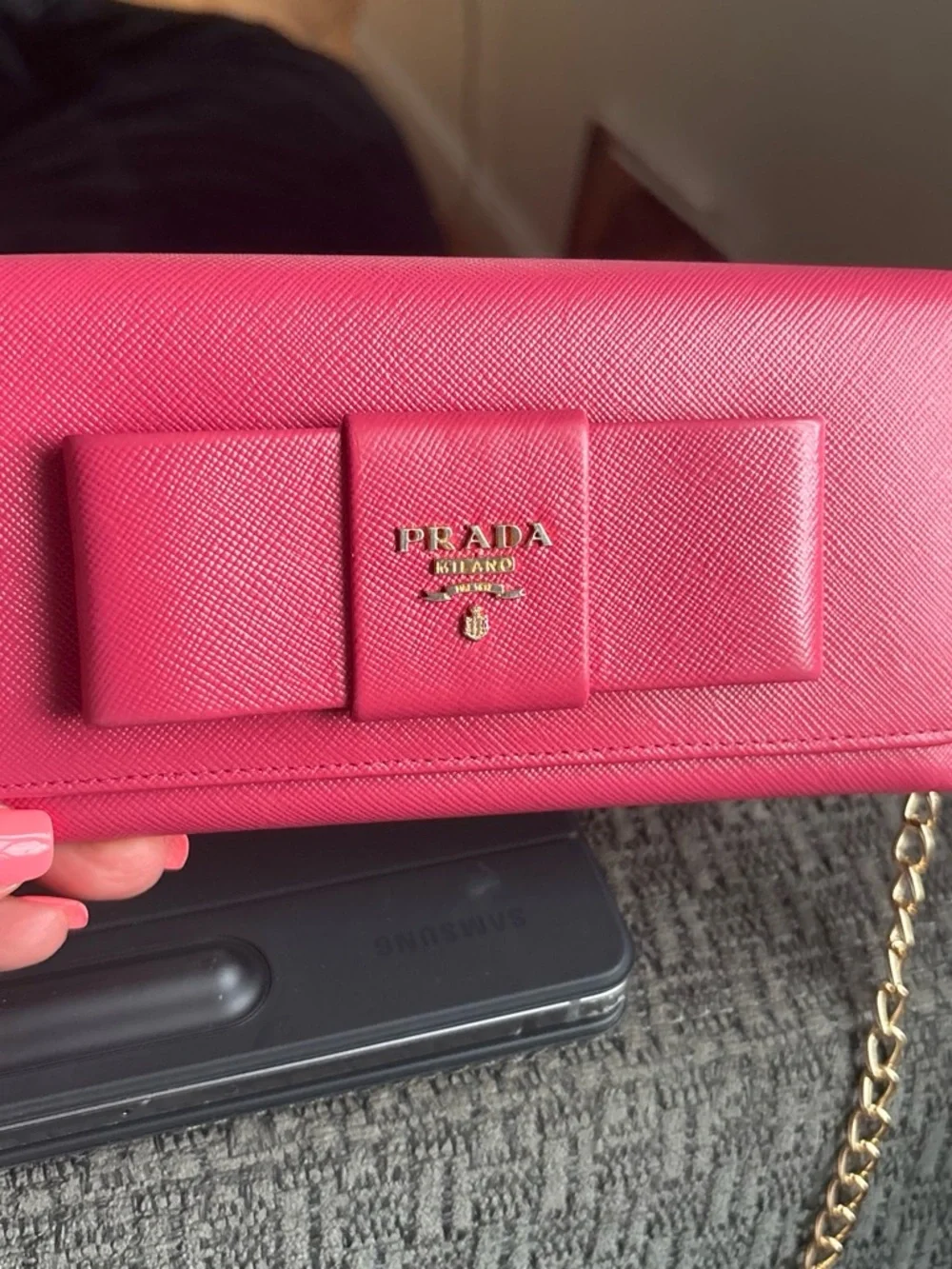 Prada Pink Saffiano Bow Wristlet with Gold Hardware